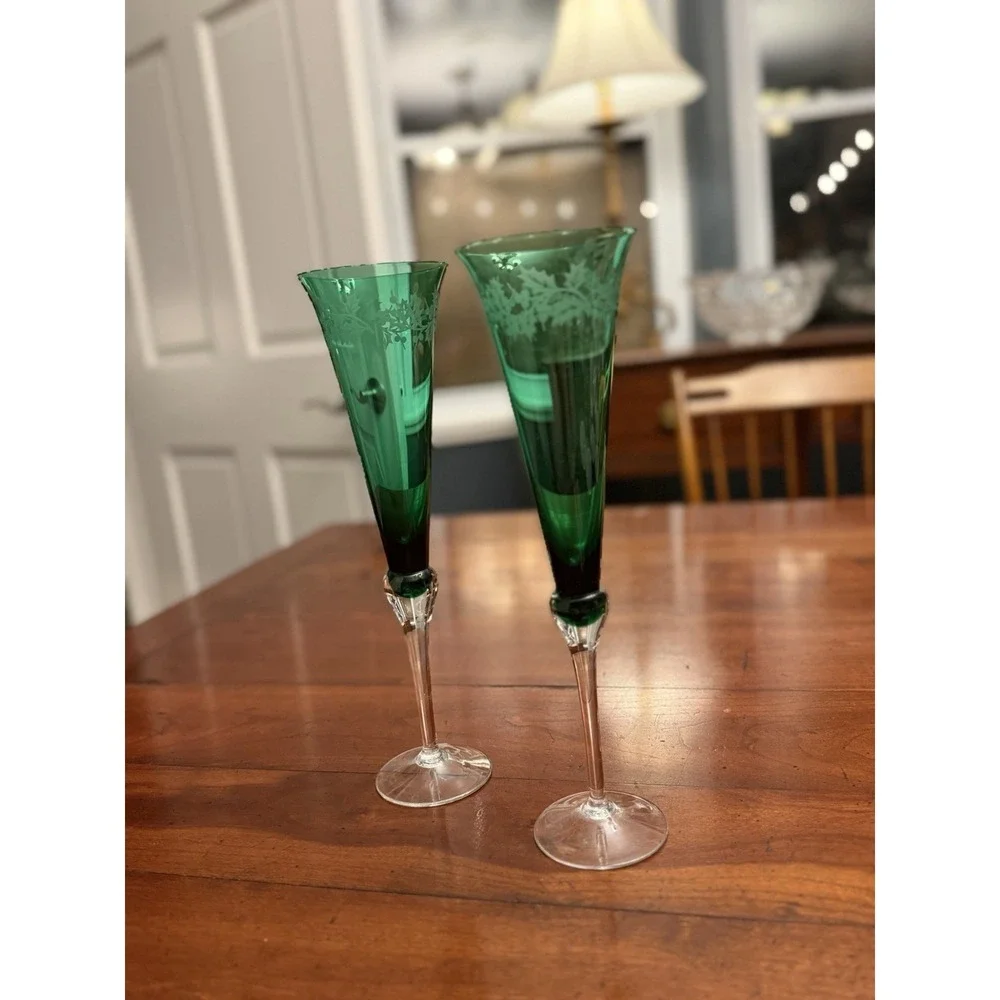 Pair of Vintage Lenox‎ Holiday Gems Emerald Green Champagne Flutes - Set of 2